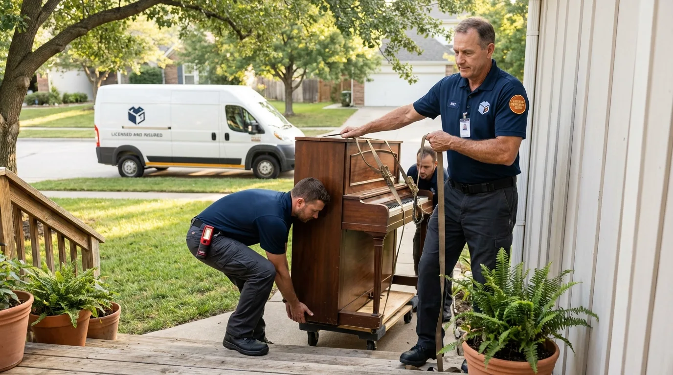 Licensed piano movers securing grand piano in Evergreen, CO