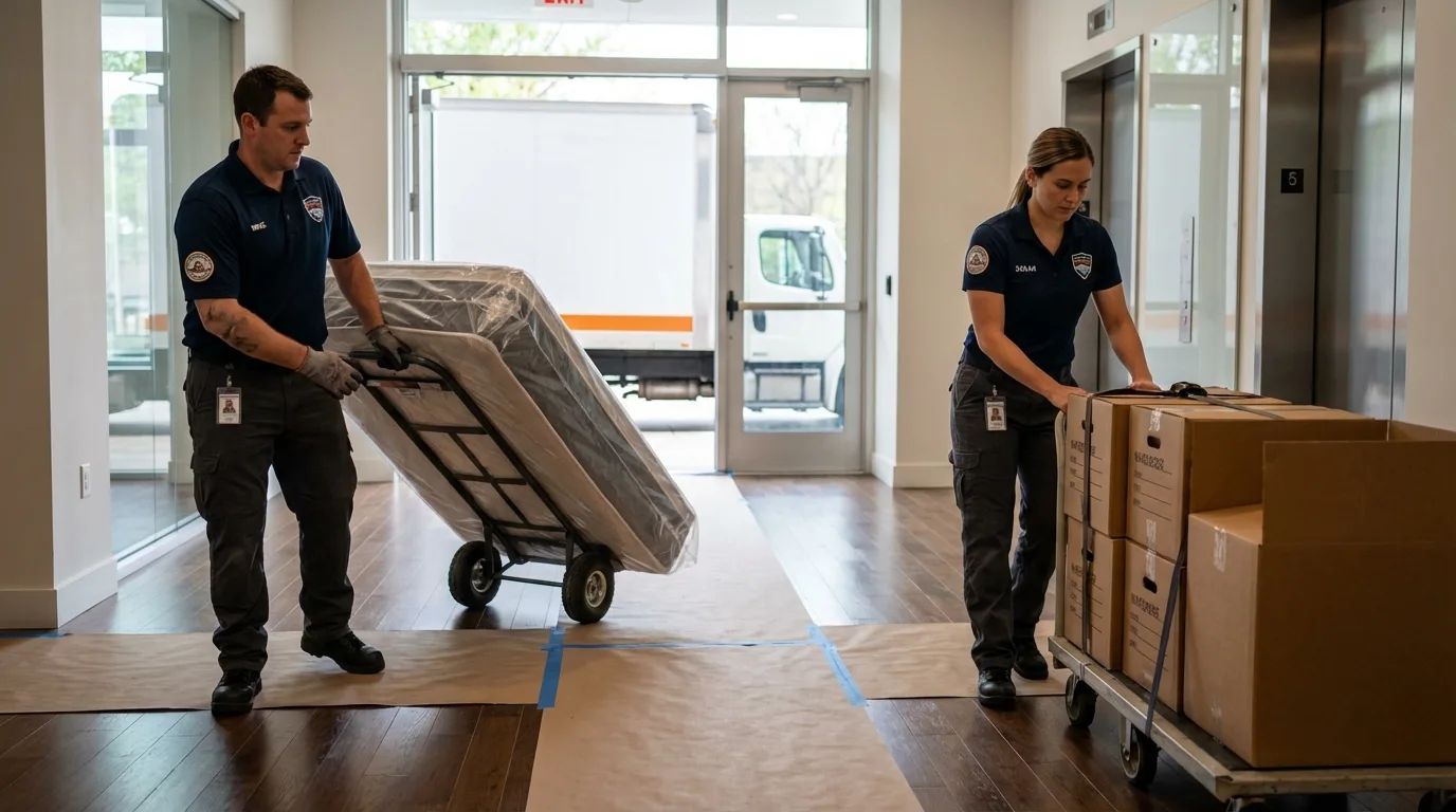 Professional apartment movers loading elevator in Evergreen, CO
